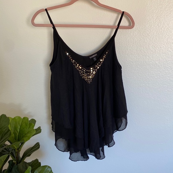 NWT Express Black Flowy Beaded Neckline Tank S - Picture 2 of 7